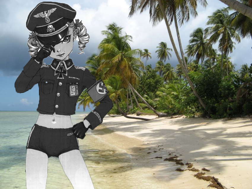 armband beach buruma buttons cloud crop_top curly_hair day drill_hair flat_chest gloves hair_ribbon hand_on_hip hat hat_tip iron_cross leather lipstick makeup midriff military military_uniform mole mole_above_mouth monochrome name_tag nature navel nazi neo_black outdoors palm_tree peaked_cap photo_background ribbon safety_pin shena_apfel short_hair skull_and_crossbones sky solo swastika third-party_edit tree twin_drills twintails uniform water world_war_ii