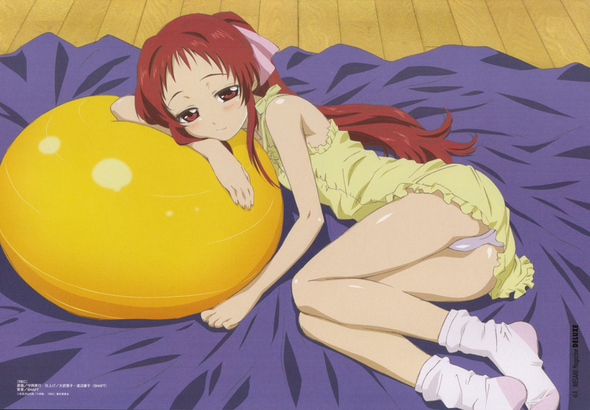 ball bed_sheet blush dress exercise_ball flat_chest frills hair_ribbon highres long_hair lying megami morioka_hideyuki non-web_source official_art on_floor on_side onda_aka panties pantyshot pantyshot_(lying) ponytail rec red_eyes red_hair ribbon scan short_dress skirt sleepy smile socks solo underwear white_panties yellow_skirt