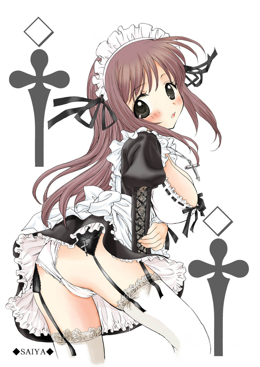 :o apron artist_name ass bangs black_dress black_eyes blush breasts brown_hair cleavage cross cross-laced_clothes cross_necklace dress frilled_apron frills from_side garter_belt highres holding_arm jewelry juliet_sleeves lace lace-trimmed_thighhighs large_breasts long_hair long_sleeves looking_at_viewer maid maid_headdress necklace open_mouth original panties petticoat puffy_sleeves ribbon-trimmed_clothes ribbon_trim saiya short_dress simple_background solo thighhighs underwear upskirt white_apron white_background white_legwear white_panties