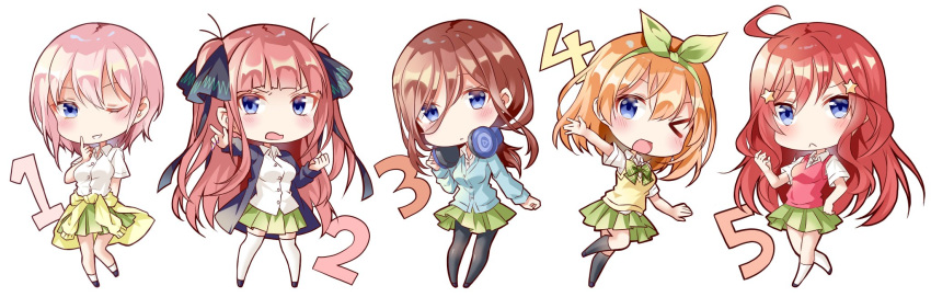 &gt;_o 5girls :&lt; ;d ahoge bangs black_footwear black_legwear black_ribbon blazer blue_cardigan blue_eyes blue_jacket blush bow brown_hair cardigan cardigan_around_waist chibi closed_mouth clothes_around_waist collared_shirt commentary_request dress_shirt eyebrows_visible_through_hair go-toubun_no_hanayome green_bow green_hairband green_ribbon green_skirt hair_between_eyes hair_ornament hair_ribbon hairband headphones headphones_around_neck highres jacket light_brown_hair long_hair long_sleeves multiple_girls nakano_ichika nakano_itsuki nakano_miku nakano_nino nakano_yotsuba one_eye_closed open_blazer open_clothes open_jacket open_mouth outstretched_arm pantyhose parted_lips pink_hair plaid plaid_bow pleated_skirt pointing red_hair ribbon school_uniform shiro_kuma_shake shirt short_sleeves siblings simple_background sisters skirt smile socks standing star star_hair_ornament sweater_vest thighhighs two_side_up v-shaped_eyebrows very_long_hair white_background white_legwear white_shirt yellow_cardigan