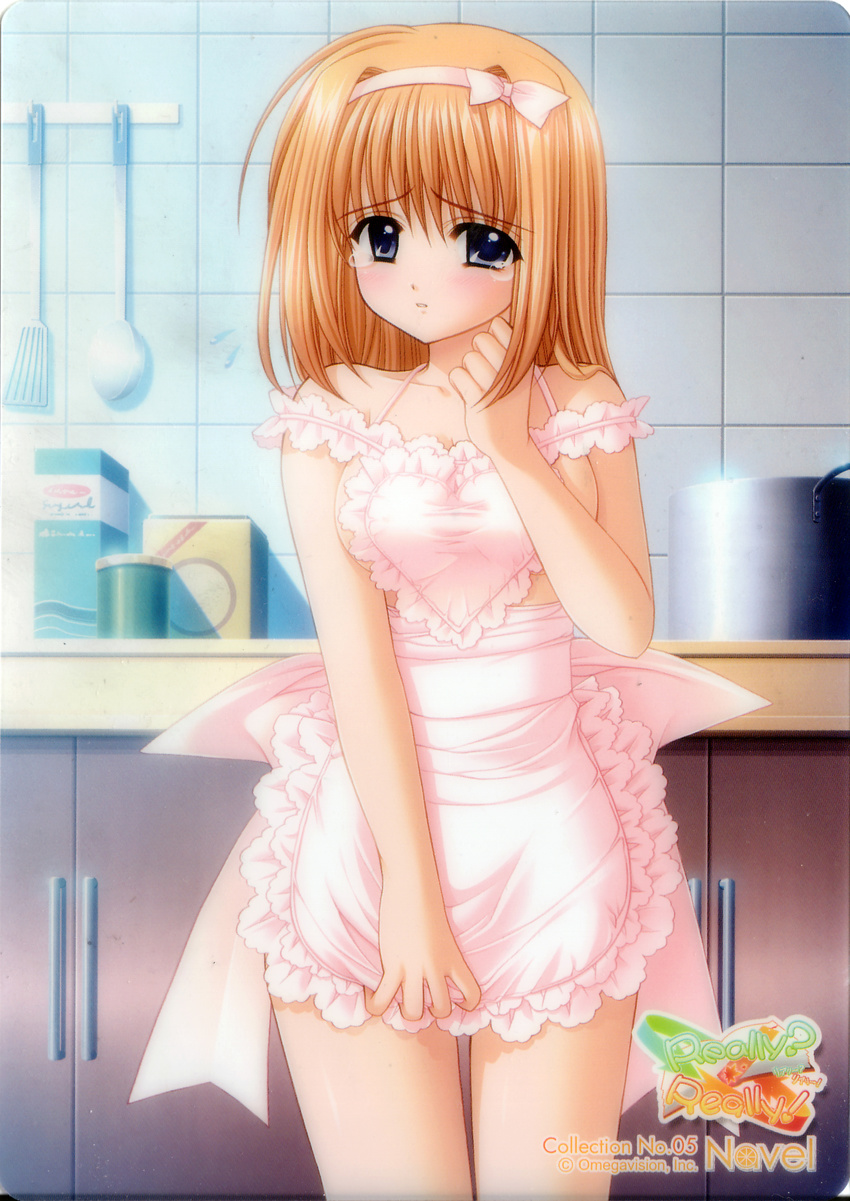 ahoge apron apron_tug bangs bare_shoulders blue_eyes blush bow breasts clenched_hand collarbone company_name copyright_name cowboy_shot embarrassed flying_sweatdrops fuyou_kaede hair_bow hairband hand_up heart_apron highres indoors kitchen lace lace-trimmed_apron ladle legs_together logo looking_at_viewer medium_breasts naked_apron nishimata_aoi off_shoulder official_art orange_hair parted_lips pink_apron pink_bow pot raised_eyebrows really?_really! scan shuffle! sideboob solo spatula standing tears thigh_gap tile_wall tiles