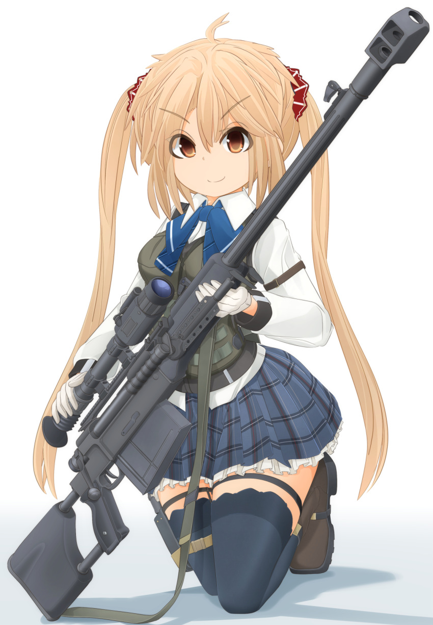 1girl absurdres ahoge anti-materiel_rifle arm_garter bangs bipod black_legwear blonde_hair blue_neckwear blue_skirt body_armor boots bow bowtie brown_eyes brown_footwear combat_boots commentary_request dress_shirt eyebrows_visible_through_hair full_body gloves gun hair_ornament hair_scrunchie harness highres holding holding_gun holding_weapon holster ichigotofu kneeling legs long_hair long_sleeves looking_at_viewer miniskirt original partial_commentary petticoat plaid plaid_skirt pleated_skirt red_scrunchie rifle school_uniform scope scrunchie shadow shirt skirt smile sniper_rifle solo thigh_holster thigh_strap thighhighs twintails v-shaped_eyebrows weapon white_background white_gloves white_shirt wing_collar zastava_m93_black_arrow