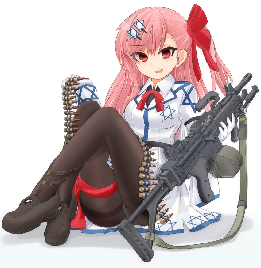 1girl ammunition asymmetrical_hair bangs bipod black_footwear black_legwear bow braid collared_jacket commentary_request crotch_seam eyebrows_visible_through_hair full_body girls_frontline gloves gun hair_bow hair_ornament hairclip harness hexagram highres holding ichigotofu imi_negev israel legs loafers long_hair long_sleeves looking_at_viewer machine_gun miniskirt neck_ribbon negev_(girls_frontline) one_side_up open_mouth panties panties_under_pantyhose pantyhose pink_hair red_bow red_eyes red_neckwear ribbon shadow shoes side_braid simple_background sitting skirt smirk solo star_of_david thigh_strap thighband_pantyhose underwear weapon weapon_request white_background white_gloves white_skirt