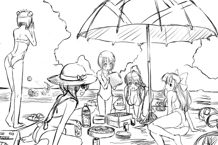 6+girls 95-tan 98-tan barefoot beach beach_umbrella blanket breasts casual_one-piece_swimsuit character_request cleavage food glasses greyscale hanging_breasts hat me-tan medium_breasts michael monochrome multiple_girls ocean one-piece_swimsuit os-tan sketch sun_hat swimsuit umbrella xp-tan