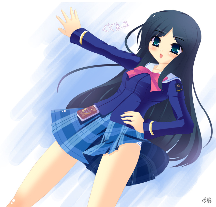 bow etou_mei gakuen_utopia_manabi_straight! natsumiya_yuzu panties pink_bow plaid plaid_skirt school_uniform seiou_gakuen_school_uniform skirt solo striped striped_panties underwear