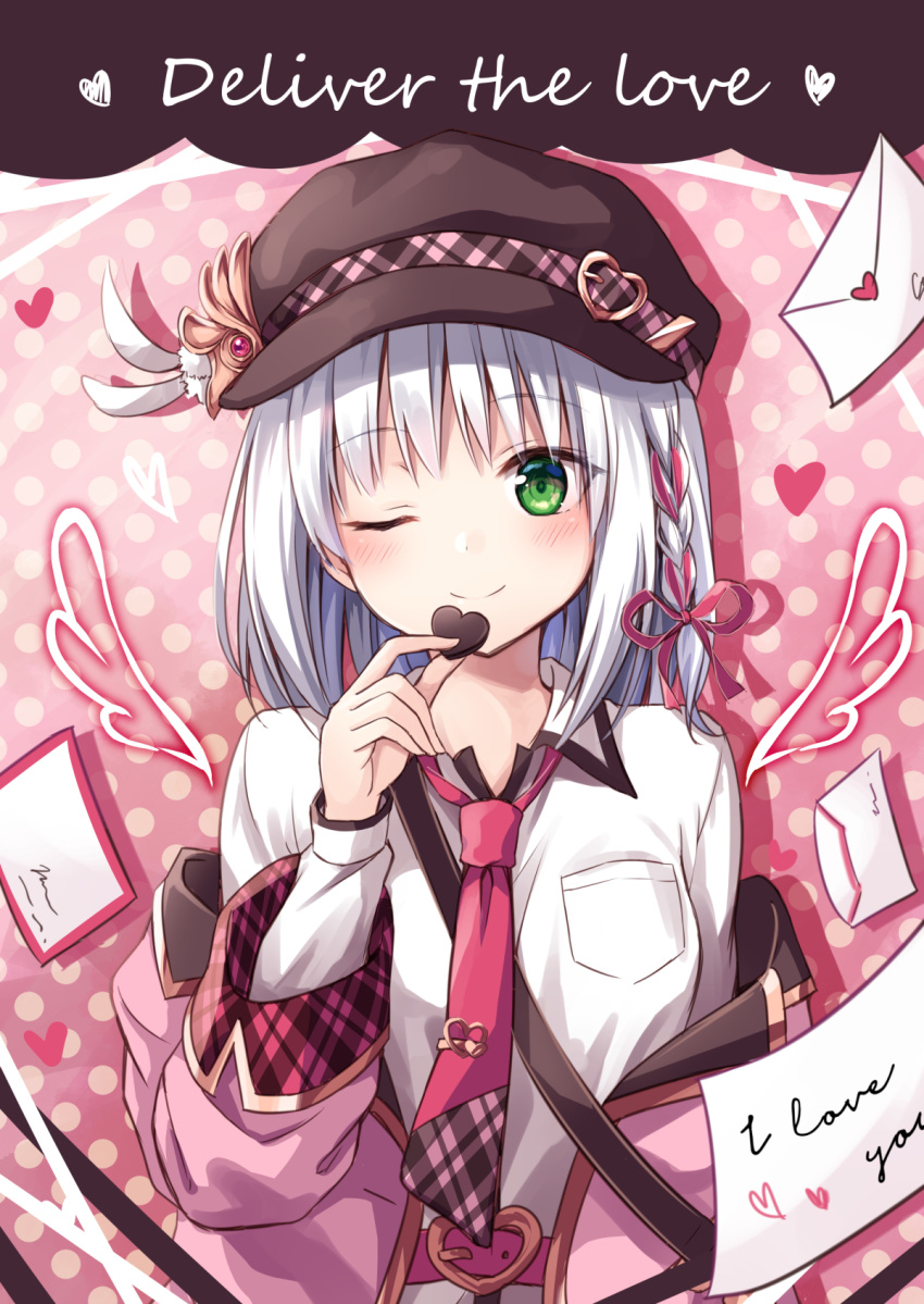 1girl ;) bangs belt belt_buckle blush braid breast_pocket brown_hat buckle cabbie_hat chocolate chocolate_heart collared_shirt commentary_request english_text envelope eyebrows_visible_through_hair food green_eyes hair_ribbon hat heart heart_buckle highres holding holding_food jacket kure~pu letter long_hair long_sleeves love_letter necktie off_shoulder one_eye_closed open_clothes open_jacket original pink_belt pink_jacket plaid pocket polka_dot polka_dot_background red_neckwear red_ribbon ribbon shirt silver_hair smile solo upper_body valentine white_shirt
