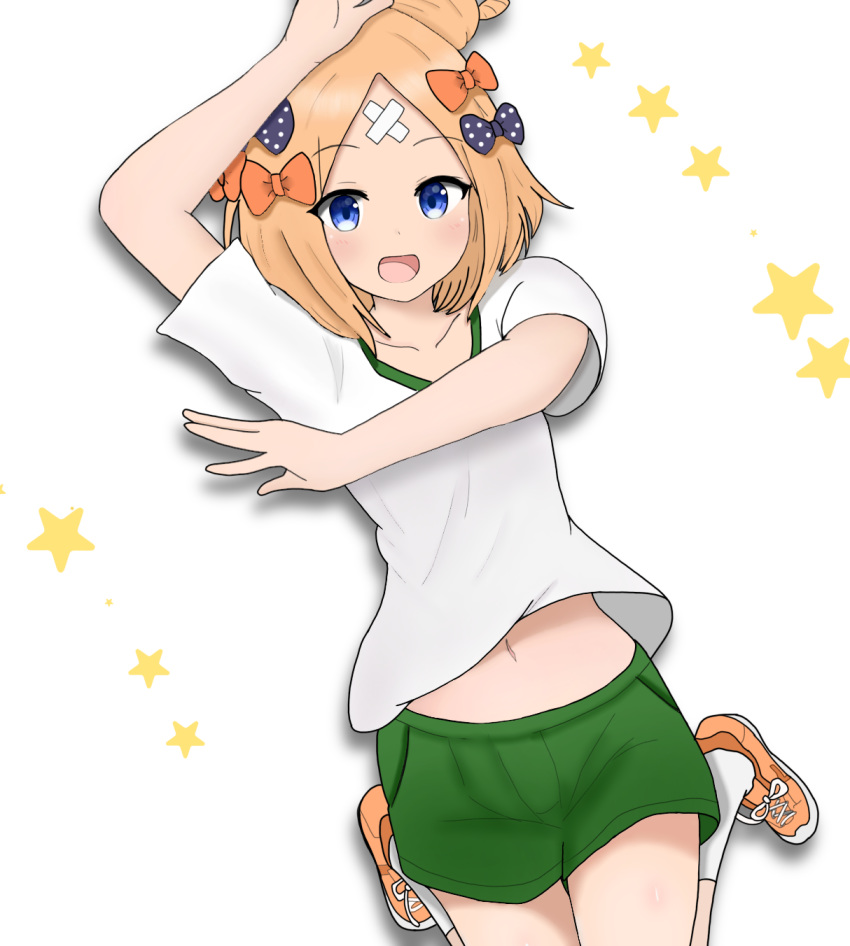 1girl :d abigail_williams_(fate/grand_order) alternate_costume arm_up atsumisu black_bow blonde_hair blue_eyes blush bow collarbone commentary_request crossed_bandaids eyebrows_visible_through_hair fate/grand_order fate_(series) green_shorts gym_shirt gym_shorts gym_uniform hair_bow hair_bun highres looking_at_viewer navel open_mouth orange_bow orange_footwear polka_dot polka_dot_bow shirt shoes short_shorts short_sleeves shorts simple_background smile sneakers socks solo star white_background white_legwear white_shirt