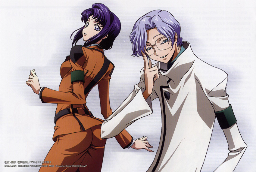 1girl adjusting_eyewear artist_request ass blue_eyes brown_skirt cecile_croomy code_geass formal glasses highres lloyd_asplund long_sleeves looking_at_viewer looking_back pencil_skirt purple_hair rimless_eyewear scan sidelocks simple_background skirt standing suit white_background