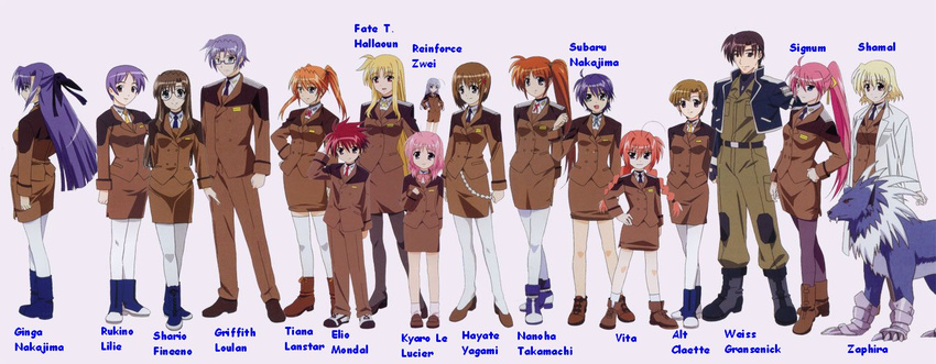 6+girls ahoge alto_krauetta artist_request black_legwear blonde_hair boots bow brown_hair caro_ru_lushe character_chart erio_mondial everyone fate_testarossa gauntlets ginga_nakajima glasses griffith_lowran hair_ornament labcoat lucino_liilie lyrical_nanoha mahou_shoujo_lyrical_nanoha_strikers military military_uniform minigirl multiple_boys multiple_girls orange_hair pantyhose pencil_skirt pink_bow pink_hair ponytail purple_hair red_hair reinforce_zwei shamal shario_finieno short_hair siblings side_ponytail signum sisters skirt subaru_nakajima takamachi_nanoha teana_lanster thighhighs tsab_ground_military_uniform twintails uniform vice_granscenic vita white_legwear wolf x_hair_ornament yagami_hayate zafira