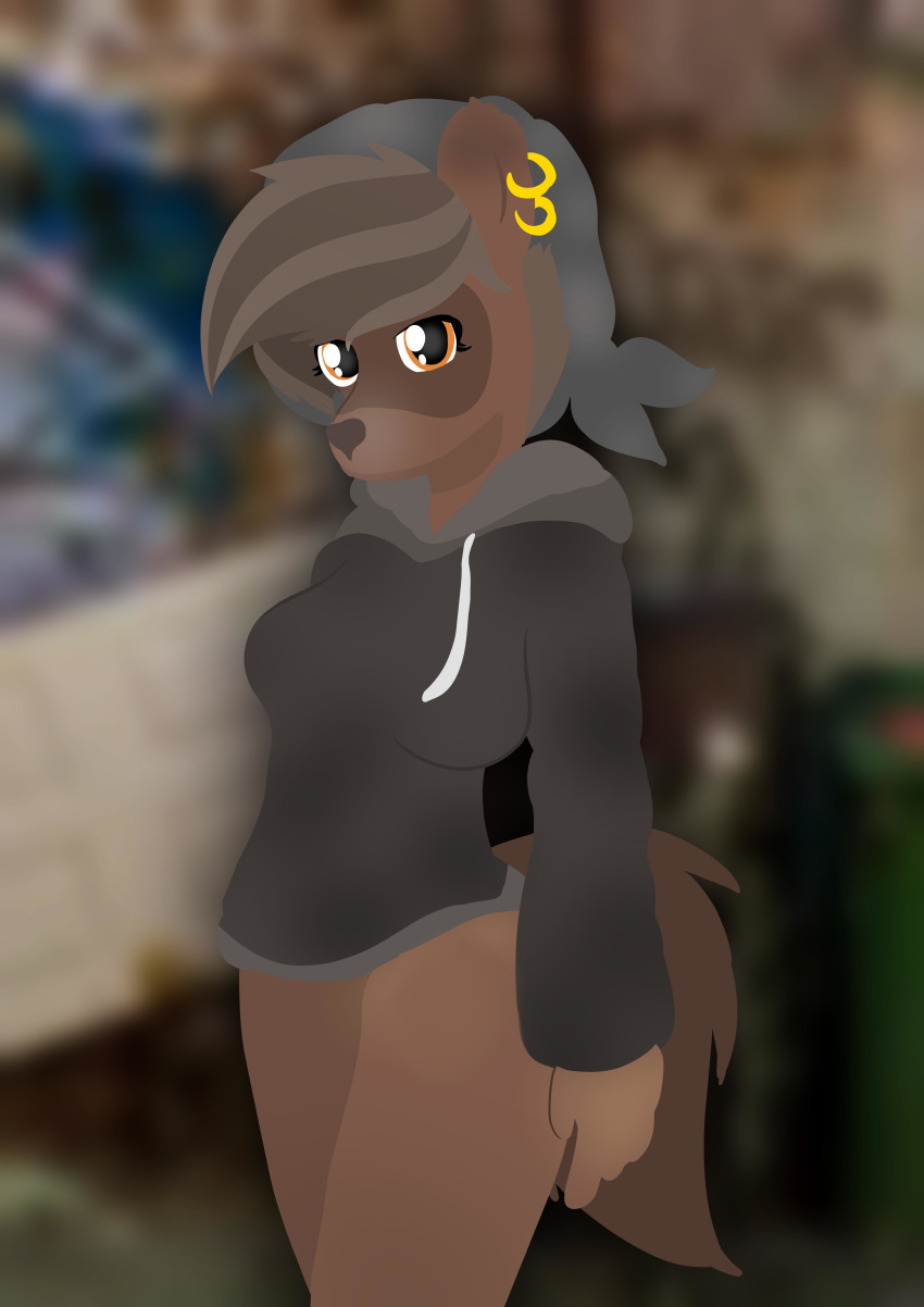 alley almond_evergrow anthro bottomless clothed clothing dumpster ear_piercing female headtie homeless hoodie mammal misko_bandi_(falkie) outside partially_clothed piercing procyonid raccoon solo trash