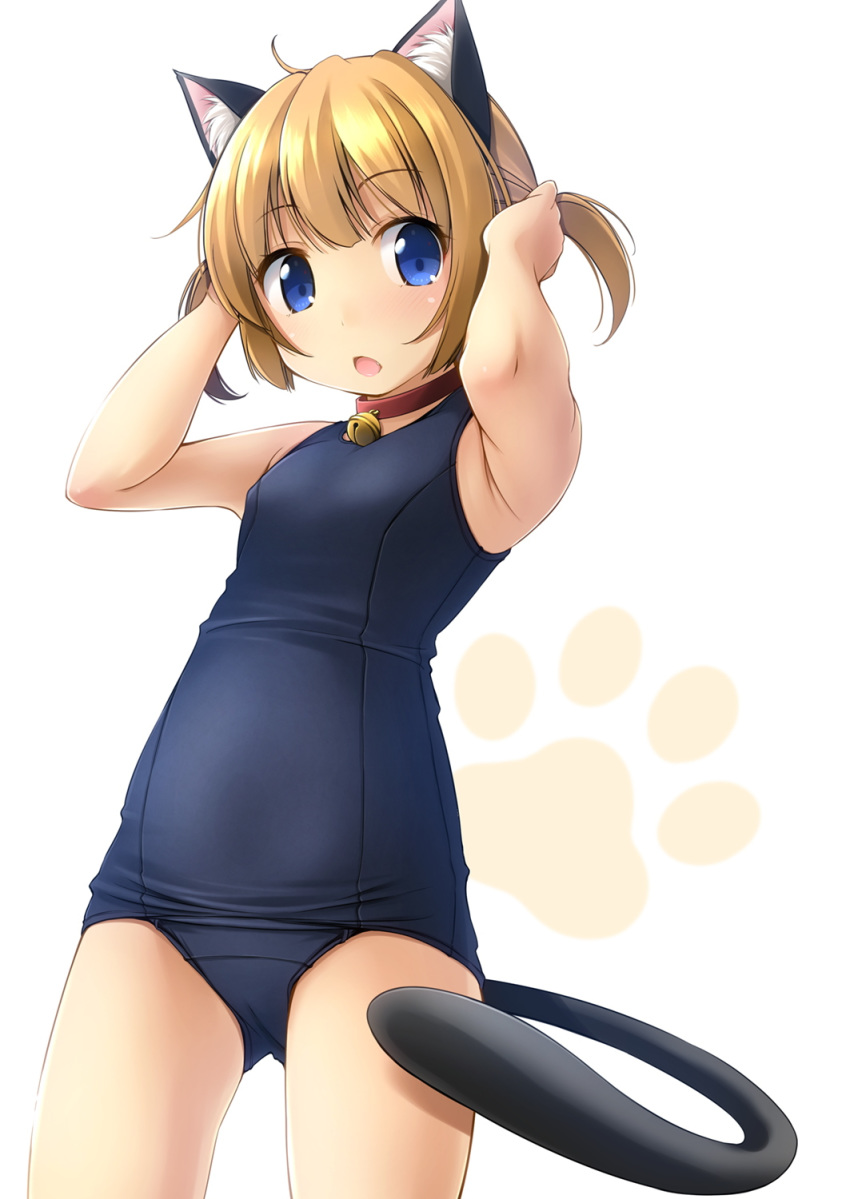1girl ahoge animal_ear_fluff animal_ears armpit_crease arms_up bangs bare_arms bare_shoulders bell bell_collar blonde_hair blue_eyes blue_swimsuit blush breasts cat_ears cat_girl cat_tail collar commentary_request eyebrows_visible_through_hair fang gluteal_fold hair_between_eyes highres jingle_bell looking_at_viewer old_school_swimsuit one-piece_swimsuit open_mouth original red_collar school_swimsuit shibacha short_hair small_breasts solo swimsuit tail twintails white_background