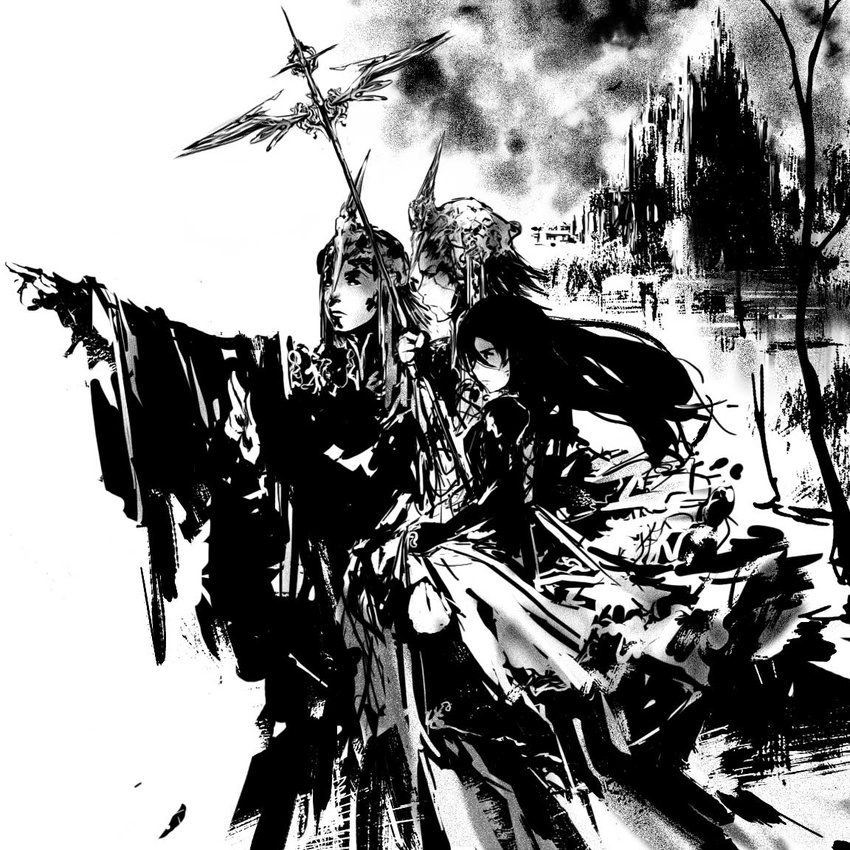 2boys abstract castle dan_kim fantasy greyscale helmet high_contrast long_hair looking_to_the_side monochrome multiple_boys outstretched_arm penny_tribute pointing profile serious standing wide_sleeves