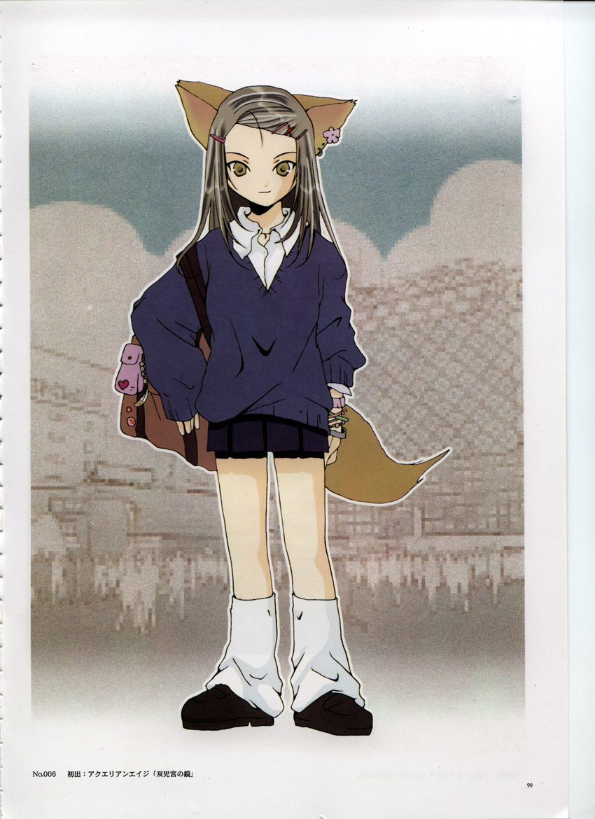 animal_ears artist_request bag brown_eyes brown_hair cellphone copyright_request fox_ears full_body highres jewelry loose_socks phone school_bag socks solo standing tail