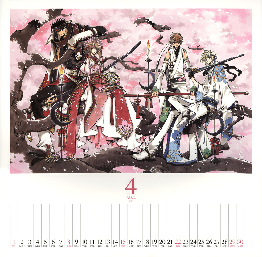 2007 3boys april calendar_(medium) cherry_blossoms clamp fay_d_flourite highres kurogane_(tsubasa_chronicle) multiple_boys sakura_hime tsubasa_chronicle xiaolang