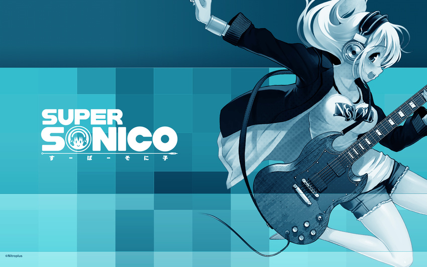 blue breasts character_name guitar headphones highres instrument jacket large_breasts long_hair looking_at_viewer music nitroplus official_art open_mouth outstretched_arm playing_instrument profile shirt shorts smile solo super_sonico t-shirt tsuji_santa wallpaper