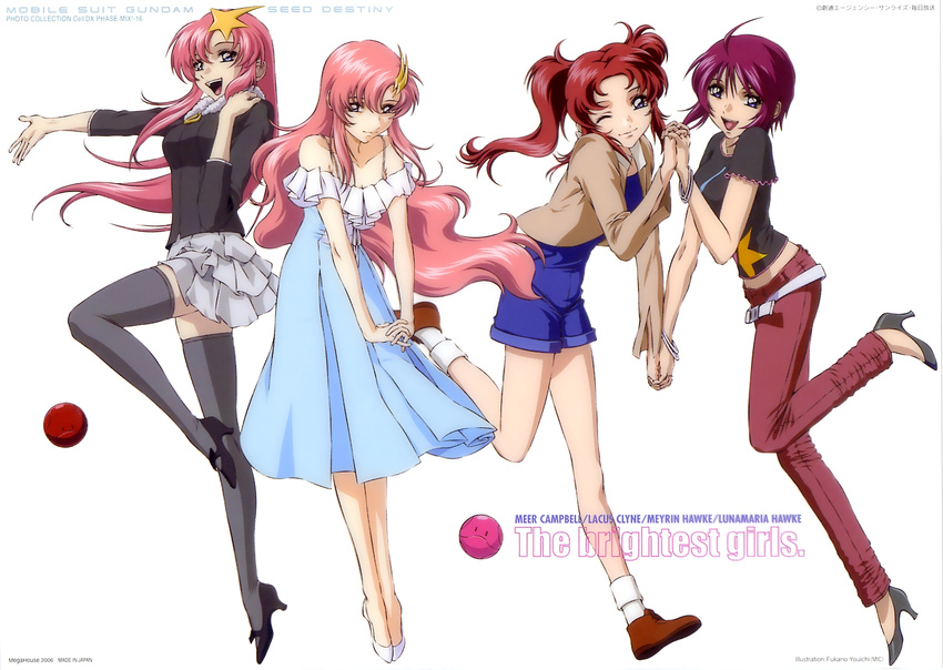 dress fukano_youichi gundam gundam_seed gundam_seed_destiny haro high_heels lacus_clyne lunamaria_hawke meer_campbell meyrin_hawke multiple_girls pink_hair siblings sisters thighhighs