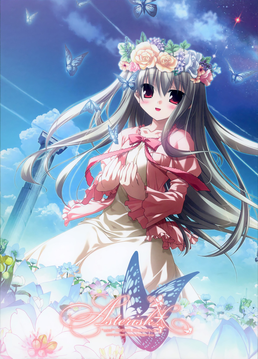 bug butterfly butterfly_mask chikotam dress eden_they_were_only_two_on_the_planet field flower flower_field grey_hair head_wreath highres insect red_eyes sion_(eden)