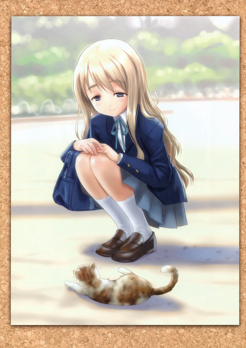 absurdres bag blazer blonde_hair blue_eyes blush cat eyebrows goto_p highres jacket k-on! kotobuki_tsumugi loafers long_hair sakuragaoka_high_school_uniform scan school_uniform shoes skirt smile socks solo white_legwear