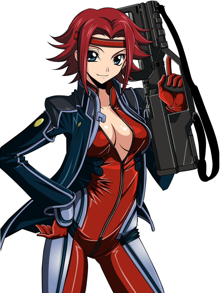 black_jacket blue_eyes bodysuit breasts buttons center_opening cleavage closed_mouth code_geass collarbone cowboy_shot flipped_hair gloves gun hand_on_hip hand_up headband high_collar highres hips holding holding_gun holding_weapon jacket kallen_stadtfeld legs_apart light_smile long_sleeves looking_at_viewer medium_breasts open_clothes open_jacket pilot_suit plunging_neckline red_gloves red_hair short_hair sidelocks smile solo transparent_background trigger_discipline unzipped vector_trace weapon