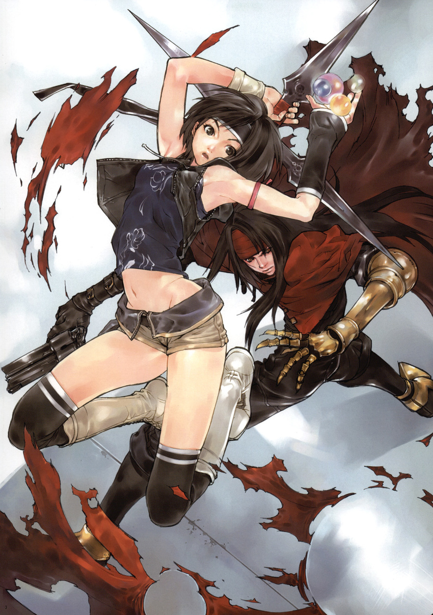 1girl boots clawed_gauntlets denim denim_shorts final_fantasy final_fantasy_vii final_fantasy_vii_advent_children gun headband highres legs materia okazaki_takeshi scan shorts shuriken thighhighs vincent_valentine weapon yuffie_kisaragi