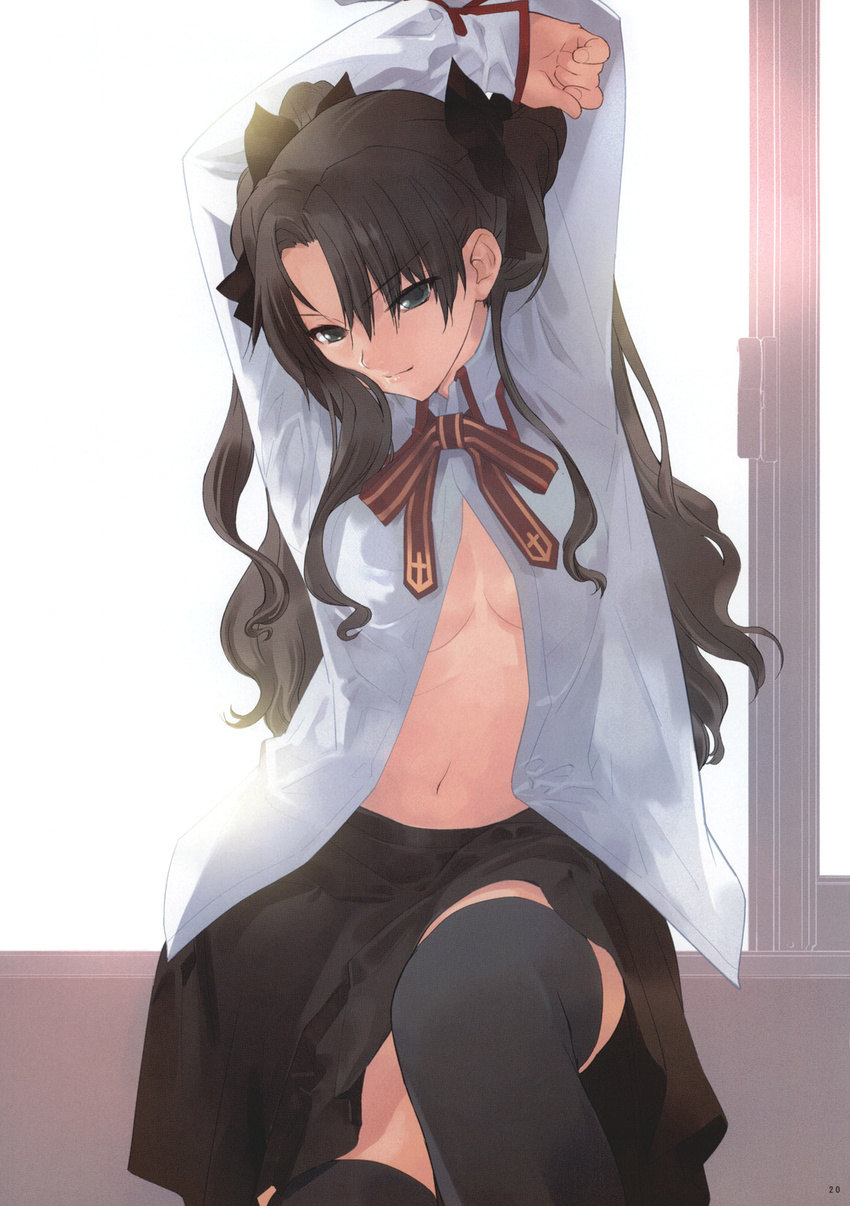 black_hair blue_eyes breasts cleavage duplicate fate/stay_night fate_(series) highres long_hair medium_breasts no_bra okazaki_takeshi open_clothes open_shirt shirt skirt solo thighhighs toosaka_rin two_side_up window zettai_ryouiki