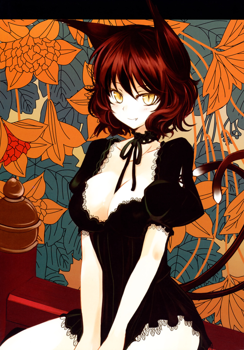 &#23562;&#27835; adult animal_ears big_breasts blush breasts brown_hair chen cleavage clothed clothing dress fangs female hair hi_res i.s.w looking_at_viewer multiple_tails nekomimi ribbons short_dress short_hair slit_pupils smile solo tail takaharu touhou yellow_eyes