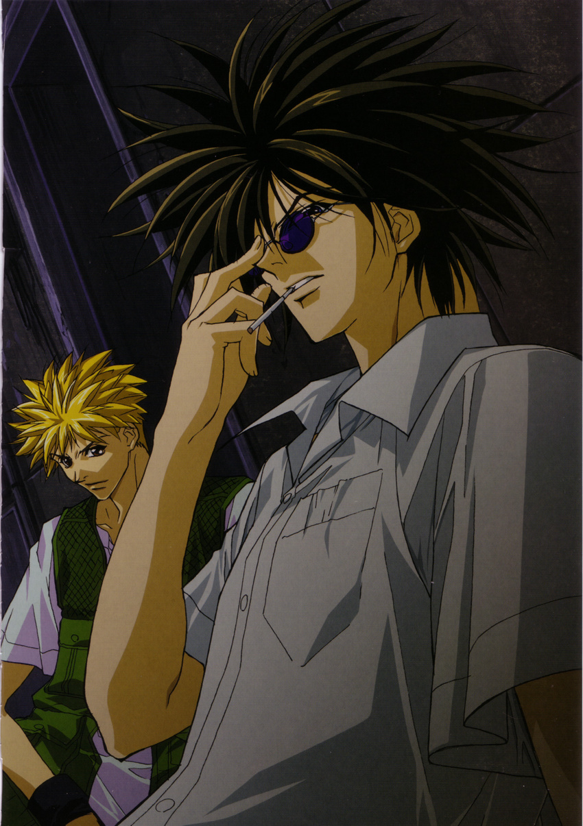adjusting_eyewear against_wall amano_ginji black_gloves blonde_hair breast_pocket brown_eyes brown_hair buttons clenched_teeth collared_shirt door dress_shirt dutch_angle getbackers glasses gloves green_vest highres indoors looking_at_viewer male_focus midou_ban mouth_hold multiple_boys nakajima_atsuko parted_lips pocket scan shirt short_sleeves spiked_hair sunglasses teeth upper_body vest white_shirt wing_collar