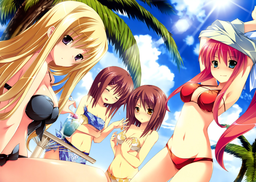 3girls absurdres armpits bikini blonde_hair blue_eyes blush breast_envy breasts brown_eyes brown_hair cleavage closed_eyes front-tie_top hair_ornament hairclip hana_to_otome_ni_shukufuku_wo highres kashima_shizuru lens_flare light_rays long_hair looking_at_viewer medium_breasts midriff multiple_girls mutou_kurihito nagishiro_miyako navel otoko_no_ko ponytail purple_eyes red_hair shirt_lift short_hair siblings sisters sunbeam sunlight swimsuit tsukioka_akiko tsukioka_akira twins undressing very_long_hair