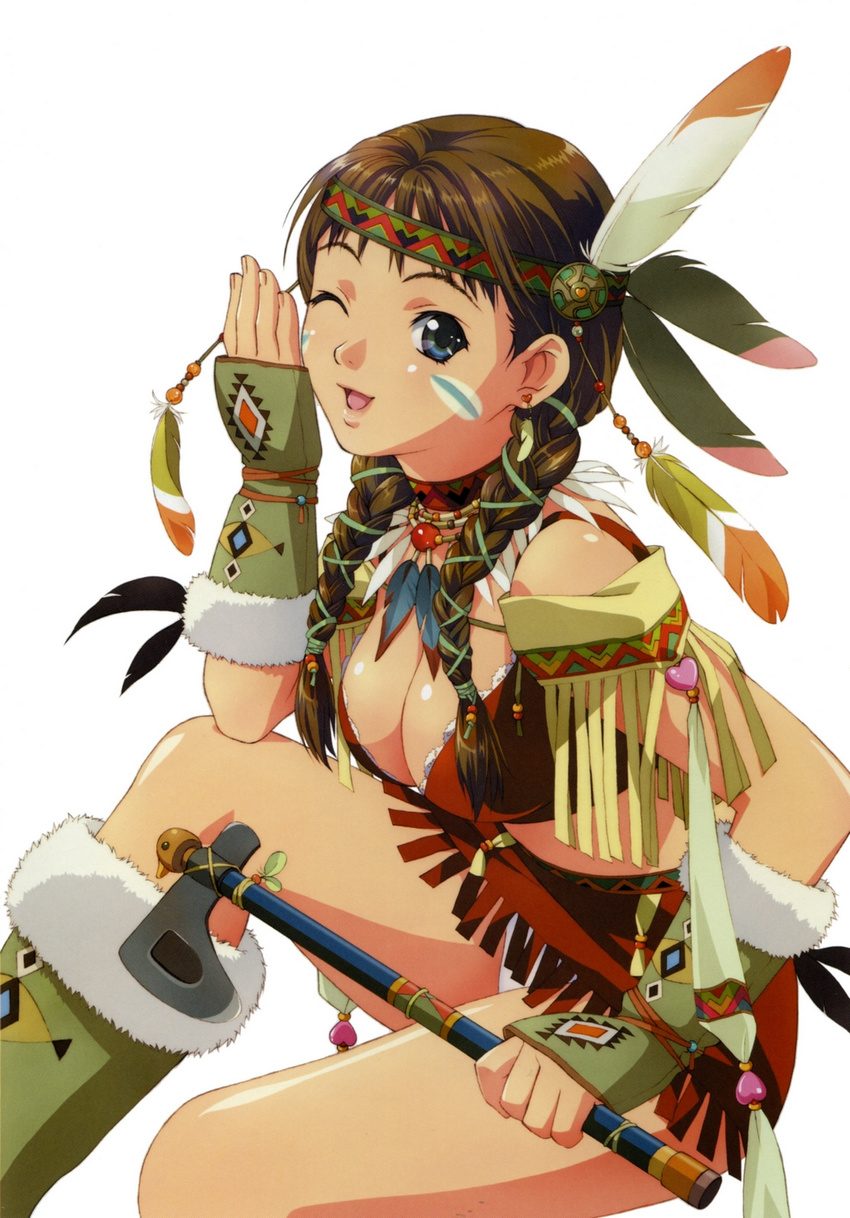 blue_eyes boots braid breasts brown_hair cleavage copyright_request facepaint feathers fingerless_gloves fringe_trim fur gloves headband headdress heart highres large_breasts midriff native_american native_american_headdress one_eye_closed panties rin-sin skirt solo tomahawk twin_braids underwear white_panties