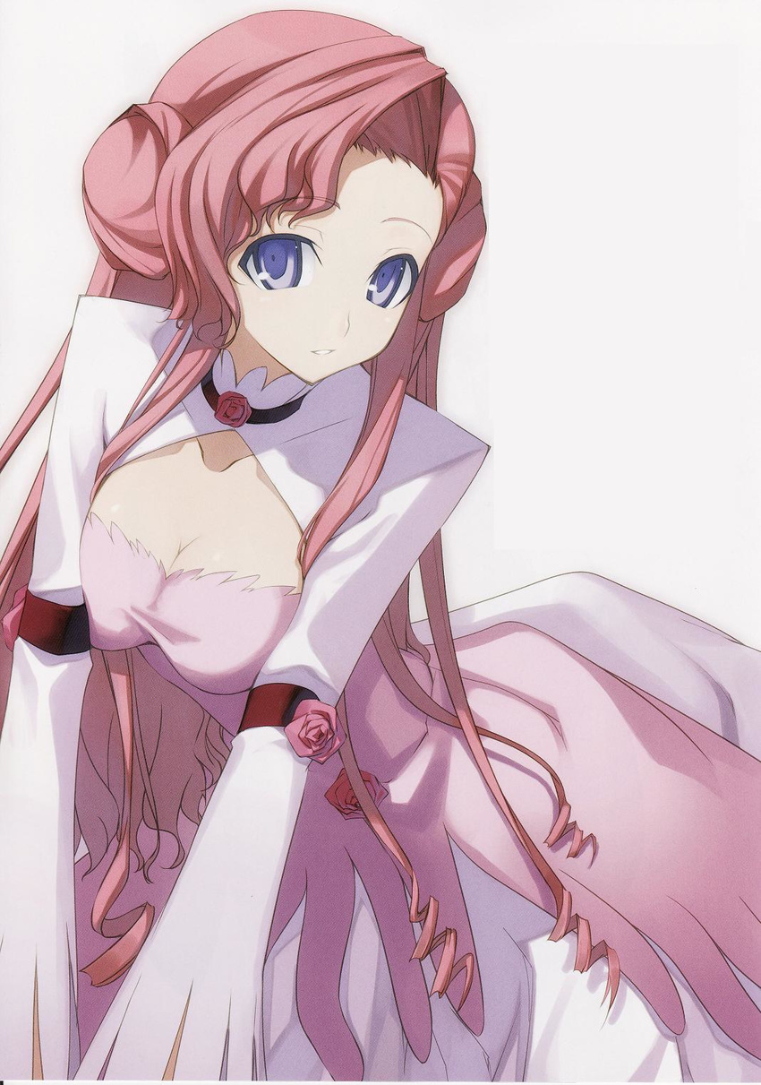 :d arched_back armband bangs blue_eyes breast_press breast_squeeze breasts choker cleavage cleavage_cutout code_geass collarbone double_bun dress drill_hair euphemia_li_britannia flower grin highres large_breasts leaning_forward long_hair looking_at_viewer open_mouth pink_hair rose scan scan_artifacts shingo_(missing_link) shirt sidelocks simple_background smile solo source_request swept_bangs taut_clothes taut_shirt turtleneck very_long_hair wavy_hair white_background wide_sleeves