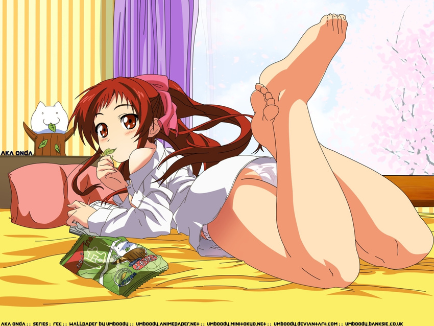 :3 ass bag bare_shoulders barefoot bed bedroom blush book breasts cat character_name cherry_blossoms cloud crossed_legs curtains day dress_shirt eating feet food food_in_mouth foreshortening full_body hair_ribbon indoors leaf legs legs_up long_sleeves looking_at_viewer looking_back lying medium_breasts mouth_hold no_bra no_pants o_o off_shoulder official_art on_bed on_stomach onda_aka open_book panties pillow pink_ribbon rec red_eyes red_hair ribbon shimizu_keita shirt sideboob sidelocks sky solo striped third-party_edit tree underwear vertical_stripes wallpaper wallpaper_(object) watermark web_address white_panties white_shirt window