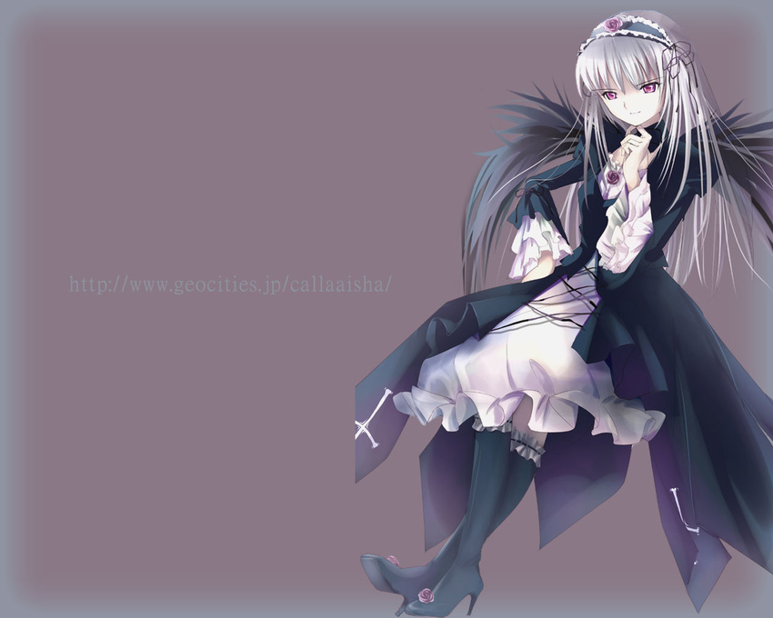 aisha_callaaisha black_footwear boots brown_background cape cross-laced_clothes dress frills full_body hairband knee_boots lolita_hairband long_hair long_sleeves looking_at_viewer pink_eyes rozen_maiden silver_hair simple_background solo standing suigintou wallpaper white_dress