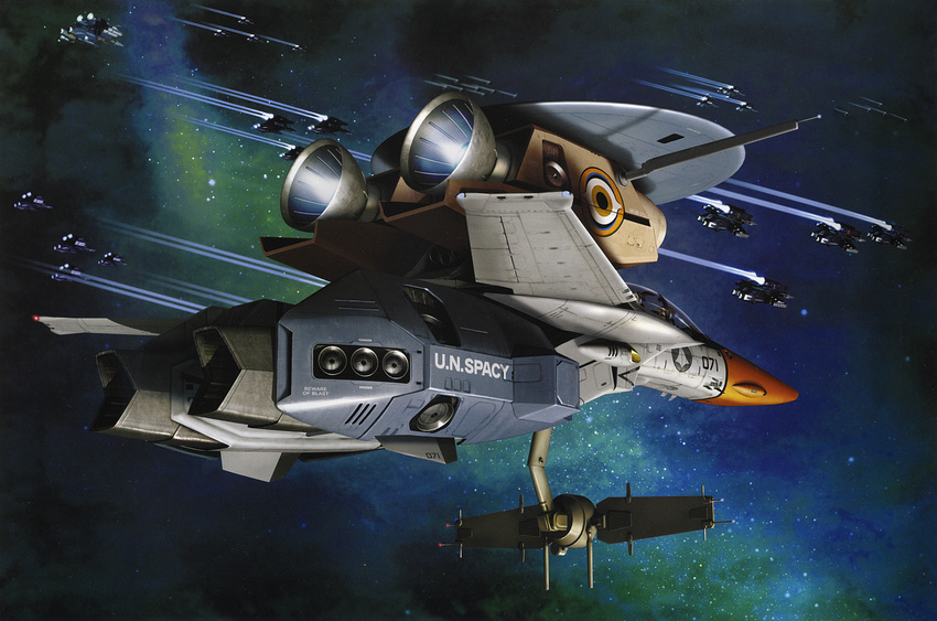 fleet highres macross macross:_do_you_remember_love? mecha no_humans official_art science_fiction space star tenjin_hidetaka u.n._spacy variable_fighter ve-1 vf-1 vf-1_super