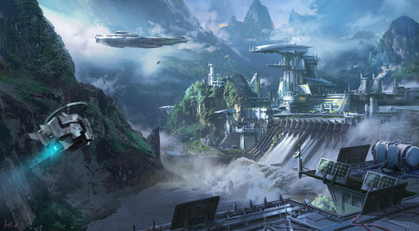 aircraft blue_sky building cloud commentary_request dam day fantasy highres landscape ling_xiang mountain nature no_humans original outdoors satellite_dish scenery science_fiction ship signature sky sunlight tree very_wide_shot water watercraft