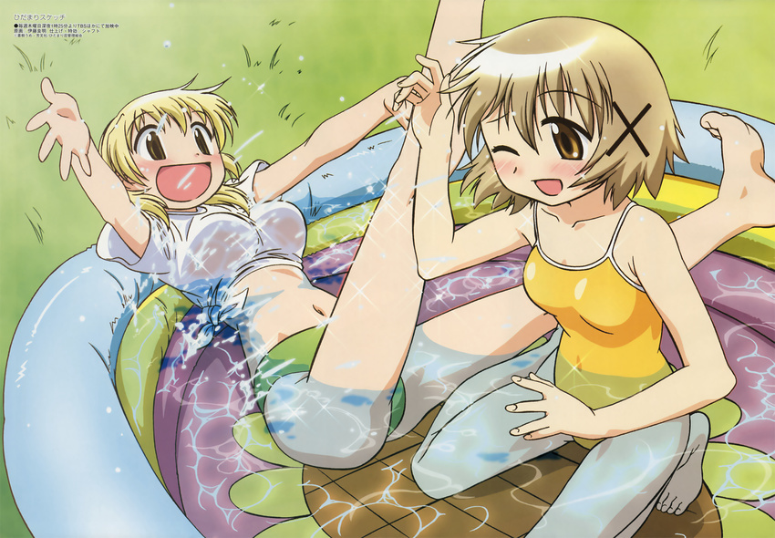 :d ;d arm_up arms_up bangs barefoot bikini_bottom blonde_hair blush breasts brown_eyes brown_hair casual_one-piece_swimsuit crop_top feet flower grass hair_between_eyes hair_ornament hairclip hidamari_sketch highres itou_yoshiaki kneeling large_breasts legs legs_up lying megami midriff miyako multiple_girls navel non-web_source official_art on_back one-piece_swimsuit one_eye_closed open_mouth outdoors partially_submerged scan shirt short_hair sidelocks small_breasts smile soles splashing spread_legs sunflower swimsuit t-shirt tied_shirt tiptoes wading_pool water wet wet_clothes wet_shirt wince yellow_eyes yuno