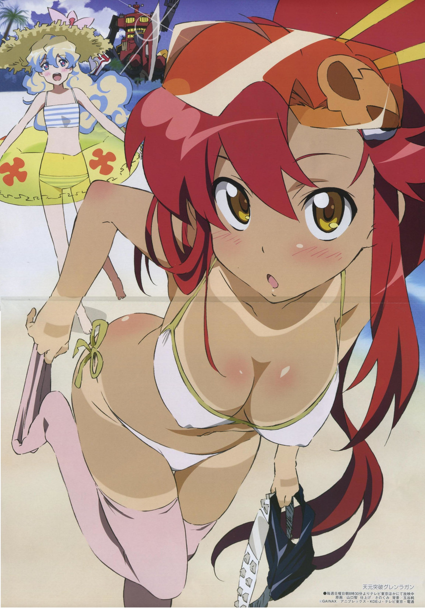 :d :o absurdres accessory_tan bangs barefoot beach belt bikini bikini_tan blade blonde_hair blue_eyes blue_hair blue_sky blush body_blush breasts cleavage covered_nipples crease curly_hair dai-gurren day eyewear_on_head flat_chest flower glint hair_between_eyes hair_ornament hat hat_flower hat_ribbon high_ponytail highres holding innertube large_breasts leaning_forward leg_lift long_hair looking_at_viewer lowleg lowleg_bikini mecha megami multicolored multicolored_eyes multicolored_hair multiple_girls navel nia_teppelin non-web_source ocean official_art open_mouth outdoors palm_tree pink_eyes pink_legwear ponytail red_hair ribbon sand scan shooting_glasses short_shorts shorts side-tie_bikini sidelocks skindentation skull_hair_ornament sky smile standing standing_on_one_leg strap_gap straw_hat striped striped_bikini striped_swimsuit studded_belt sunglasses swimsuit symbol-shaped_pupils tan tankini tanline tengen_toppa_gurren_lagann thigh_gap thighhighs thighhighs_pull toe_scrunch transparent tree undressing very_long_hair water weapon white_bikini yamaguchi_satoshi yellow_eyes yoko_littner