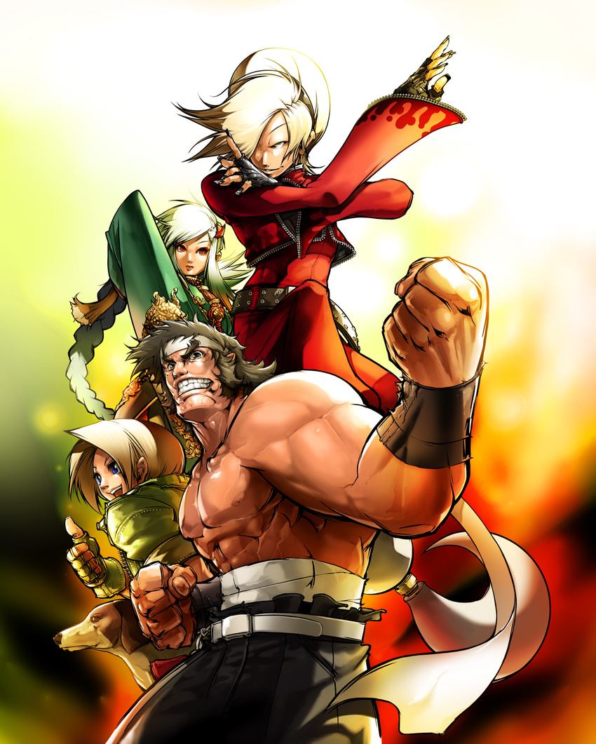 2girls abs androgynous ash_crimson belt blue_mary braid clenched_teeth crossover dog eyebrows falcoon fatal_fury fighter's_history fingerless_gloves fingernails gloves hair_over_one_eye headband highres kof:_maximum_impact long_fingernails long_hair manly maximum_impact_ii mizoguchi_makoto multiple_boys multiple_girls muscle snk teeth the_king_of_fighters thumbs_up xiao_lon