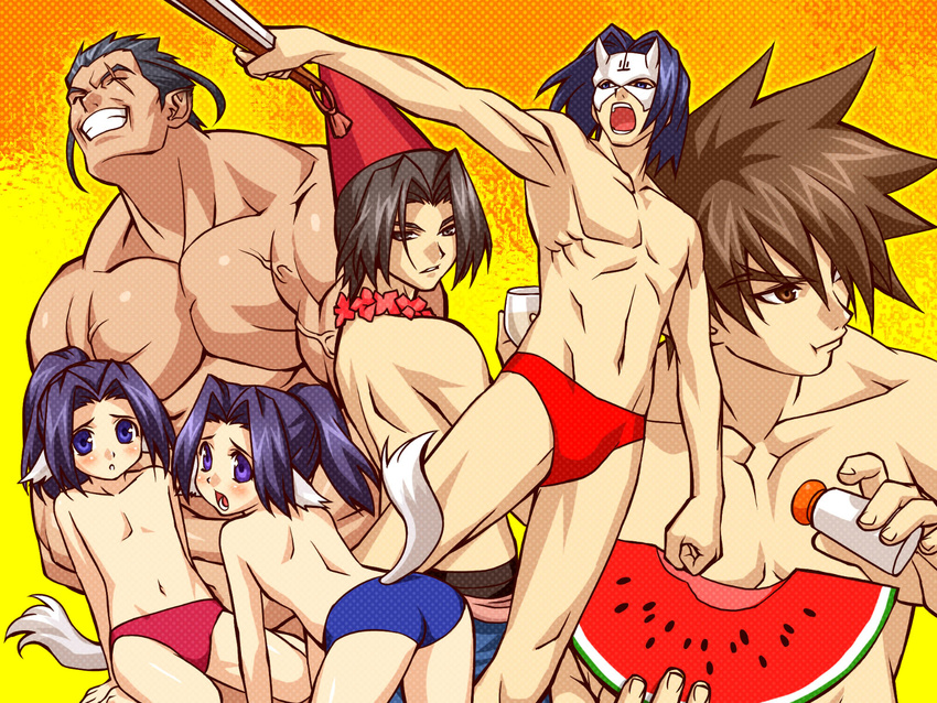 androgynous benawi brothers doriy food fruit guraa hakuoro highres holding holding_food holding_fruit kurou_(utawareru_mono) male_focus male_swimwear manly multiple_boys oboro_(utawareru_mono) otoko_no_ko salt salt_shaker siblings swim_briefs swimwear twins utawareru_mono wallpaper watermelon zen