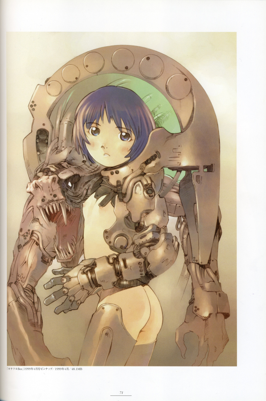 1girl absurdres ass bangs blue_eyes blue_hair blush breasts d: eyebrows_visible_through_hair fang gauntlets highres looking_at_viewer machinery mecha_musume nipples ogata_kouji open_mouth original scan small_breasts solo teeth thighhighs