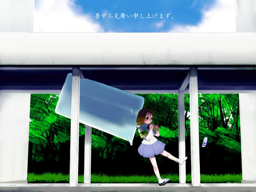 armband brown_hair dripping food forest melting nature nekoita original oversized_food oversized_object popsicle school_uniform shochuumimai shoe_loss shoes shoes_removed short_hair single_shoe slippers solo