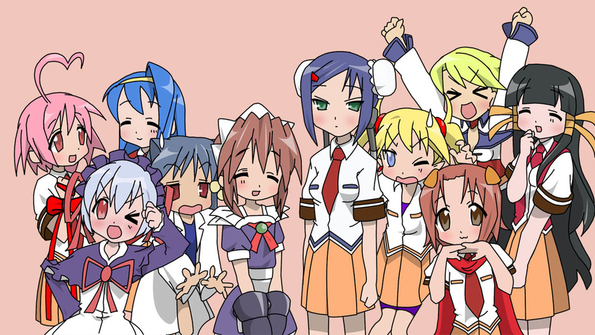 &gt;_&lt; :d ;d ^_^ ahoge aino_heart android animal_ears apron arcana_heart armor arms_up artist_request bangs bike_shorts black_hair blonde_hair blue_eyes blue_hair blunt_bangs blush bow brown_hair bun_cover cable capelet cat_ears chin_rest closed_eyes daidouji_kira demon_girl dog_ears double_bun earrings everyone fiona_mayfield flat_chest gauntlets green_eyes grey_eyes hair_bobbles hair_ornament hair_ribbon hairband hairclip hand_on_hip hands heart_ahoge hiiragi_kagami hiiragi_tsukasa hime_cut iwasaki_minami izumi_konata jewelry kasuga_maori kobayakawa_yutaka konoha_(arcana_heart) kusakabe_misao labcoat laughing lieselotte_achenbach lilica_felchenerow lineup lolita_fashion lolita_hairband long_hair lucky_star maid maid_headdress mei-fang mildred_avallone minegishi_ayano misono_gakuen_school_uniform motteke!_serafuku multiple_girls necktie one_eye_closed open_mouth orange_skirt parody patricia_martin pink_eyes pink_hair pleated_skirt pointy_ears red_eyes ribbon scarf school_swimsuit school_uniform short_hair short_twintails silver_hair simple_background skirt smile standing sweatdrop swimsuit takara_miyuki tamura_hiyori tsuzura_saki twintails very_long_hair very_short_hair wince yasuzumi_yoriko