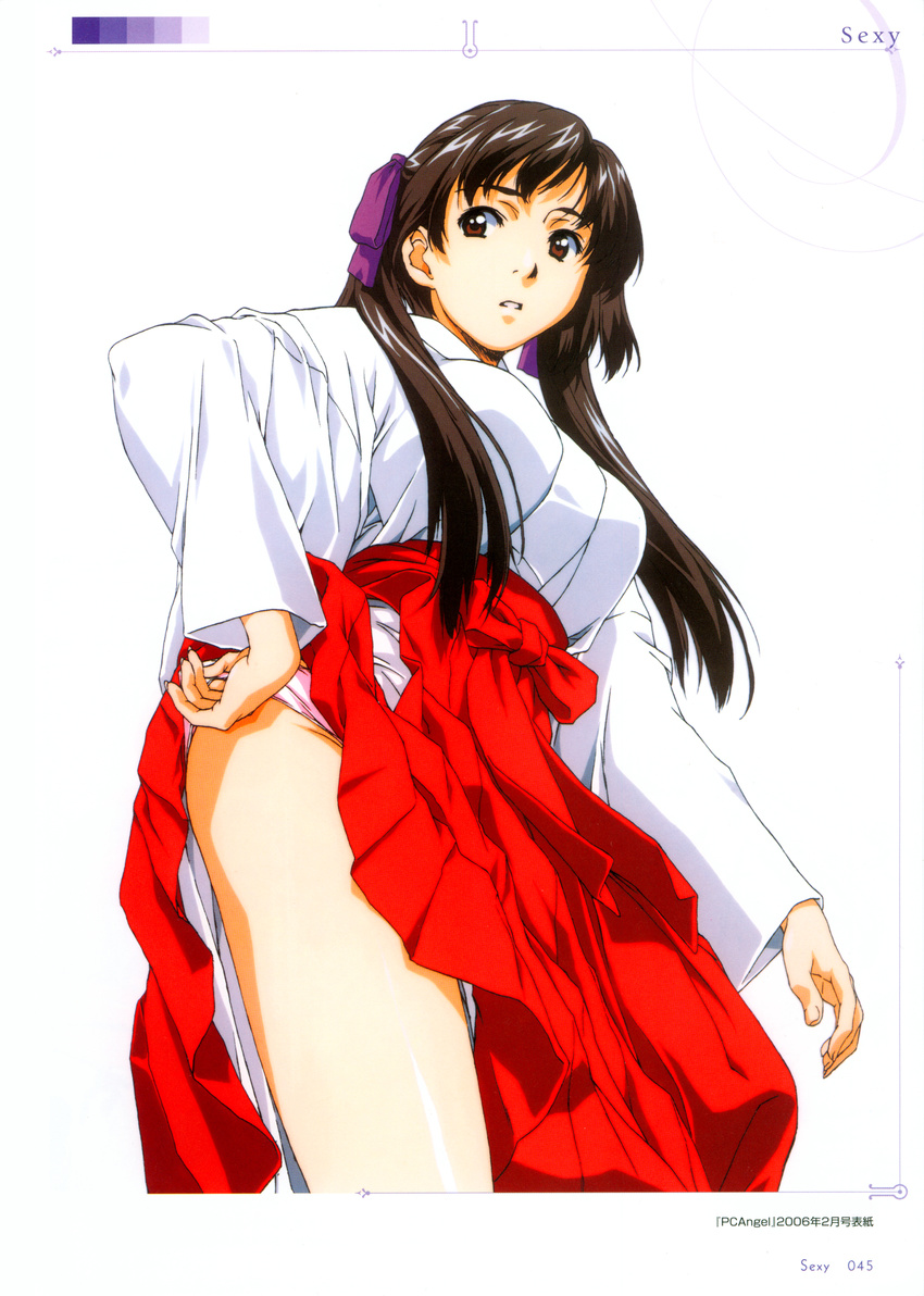 2006 absurdres adjusting_clothes adjusting_panties brown_eyes brown_hair copyright_name cowboy_shot dated hair_ribbon hakama hakama_lift hand_on_hip highres horibe_hiderou japanese_clothes long_hair miko original page_number panties parted_lips pc_angel red_eyes red_hakama ribbon simple_background skirt skirt_lift solo twintails underwear white_background