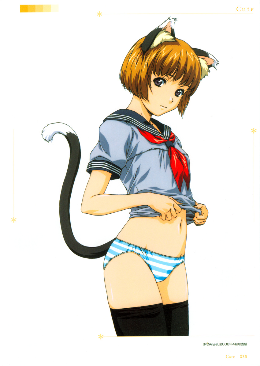 2006 absurdres animal_ears black_legwear bob_cut brown_hair cat_ears copyright_name cowboy_shot dated highres horibe_hiderou looking_at_viewer midriff navel neckerchief no_pants original page_number panties pc_angel purple_eyes school_uniform serafuku short_hair short_sleeves simple_background solo striped striped_panties tail thighhighs underwear white_background