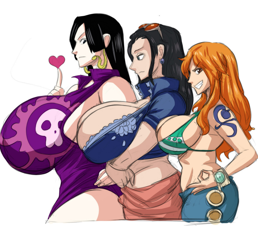 bikini_top boa_hancock breasts carmessi cleavage crossed_arms denim earrings eyewear_on_head female gigantic_breasts huge_breasts jeans jewelry large_breasts lineup long_hair long_skirt midriff multiple_girls nami_(one_piece) nico_robin one_piece pants pirate pose profile side_slit sideboob size_difference skirt sunglasses tattoo zipper