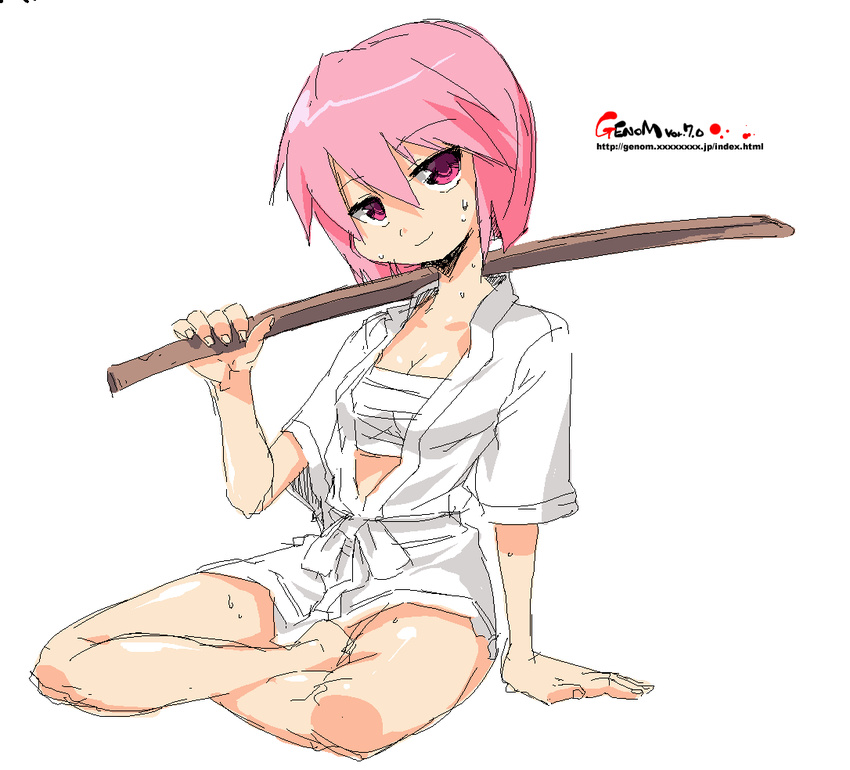 bokken copyright_request oekaki onija_tarou pink_eyes pink_hair sarashi short_hair solo sweat sword weapon wooden_sword