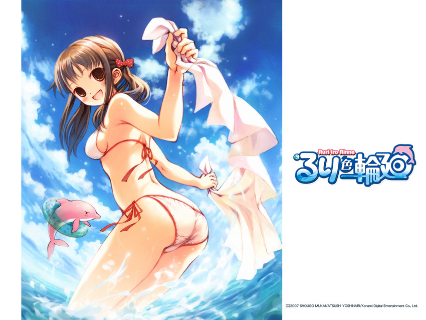 :d bikini bow brown_hair day dolphin hair_bow highres innertube leaning_forward looking_back mizusawa_ruri open_mouth polka_dot polka_dot_bow ruri-iro_rinne side-tie_bikini smile solo swimsuit wallpaper water yoshinari_atsushi