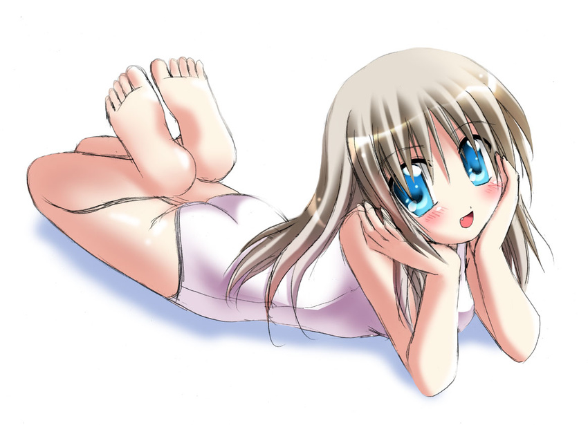 barefoot blue_eyes fang feet little_busters! long_hair noumi_kudryavka one-piece_swimsuit otoki_raku school_swimsuit silver_hair sketch solo swimsuit white_school_swimsuit white_swimsuit