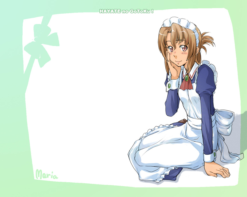 apron brown_eyes brown_hair character_name copyright_name cravat cuff_links folded_ponytail hand_on_own_cheek hayate_no_gotoku! long_sleeves looking_at_viewer maid maid_headdress maria_(hayate_no_gotoku!) sakura_kotetsu sitting smile solo yokozuwari