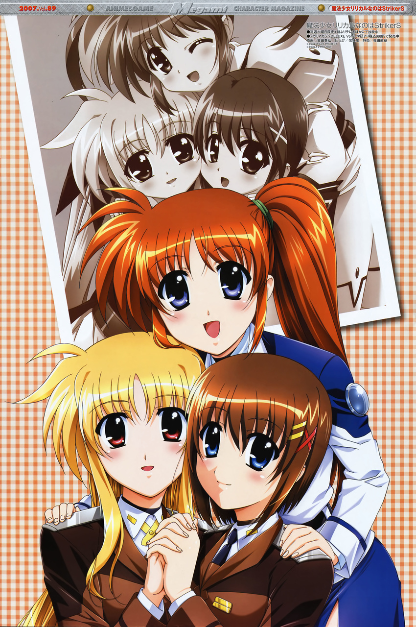 absurdres age_progression blonde_hair brown_hair fate_testarossa hair_ornament highres hug hug_from_behind lyrical_nanoha magical_girl mahou_shoujo_lyrical_nanoha_strikers megami military military_uniform multiple_girls okuda_yasuhiro one_eye_closed photo_(object) red_hair scan side_ponytail takamachi_nanoha tsab_air_military_uniform tsab_ground_military_uniform twintails uniform x_hair_ornament yagami_hayate