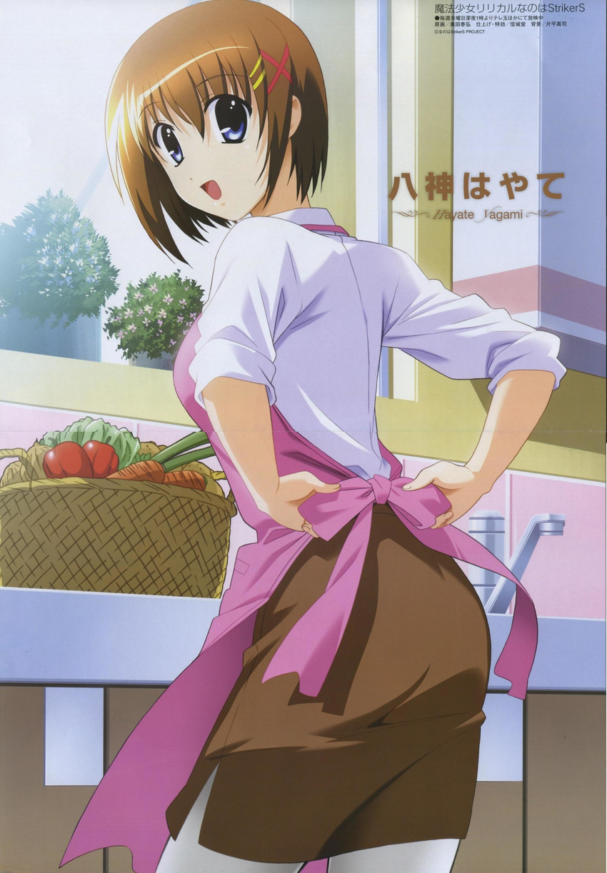 absurdres apron hair_ornament highres kitchen lyrical_nanoha mahou_shoujo_lyrical_nanoha_strikers megami okuda_yasuhiro pantyhose scan sleeves_rolled_up solo x_hair_ornament yagami_hayate